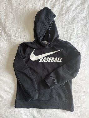 Boys Nike Black Hoodie with White Swoosh and 'BASEBALL' Print